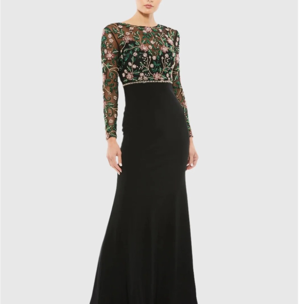 NWT $698 Mac Duggal [‎ 12 ] Beaded Illusion High Neck Trumpet Gown Black #G1915